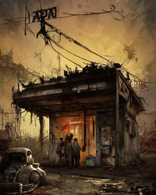 Image similar to a highly detailed epic cinematic concept art CG render digital painting artwork: old dead couple at a decayed gas station surrounded by dark figures. By Greg Rutkowski, in the style of Francis Bacon and Syd Mead and Norman Rockwell and Beksinski, open ceiling, highly detailed, painted by Francis Bacon and Edward Hopper, painted by James Gilleard, surrealism, airbrush, Ilya Kuvshinov, WLOP, Stanley Artgerm, very coherent, triadic color scheme, art by Takato Yamamoto and James Jean