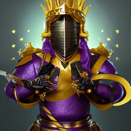 Image similar to a highly detailed knight with glowing purple eyes in a golden helmet and a golden crown with a diamond in the center, golden armor, leather clothes under the armor, leather gloves, holds a black sword, artstation, DeviantArt, professional, octane render, sunset lighting