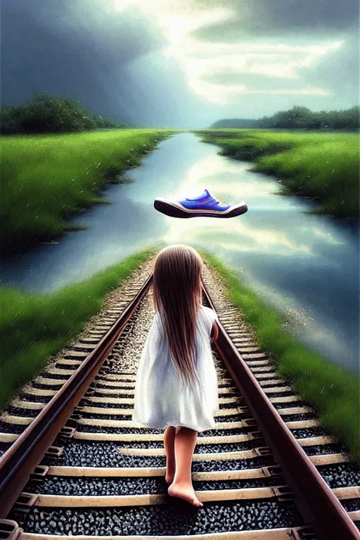 Image similar to a barefoot girl carries her shoes on reflective water and faintly visible submerged train tracks, water covers all the ground, large white clouds on a wide horizon, intricate, elegant, highly detailed, digital photo, artstation, concept art, smooth, sharp focus, low angle photo, art by artgerm and greg rutkowski and fra angelico