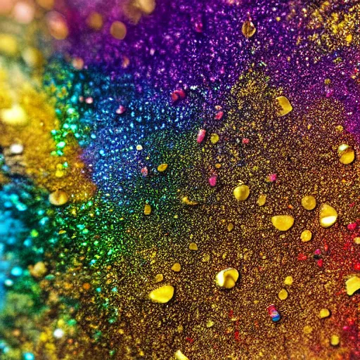 Image similar to a wet swirling mixture of gold paint and very colorful colored pigment particles glitter suspended in a turbulent liquid, captured in slow motion, crystal clear focus, macro photography lens closeup, slow-motion pour, dumpedpaint glittery, shimmering, speculars