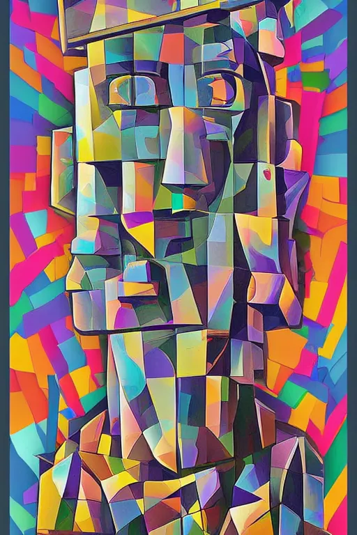 Image similar to cubist moai statue cutout digital illustration cartoon colorful beeple