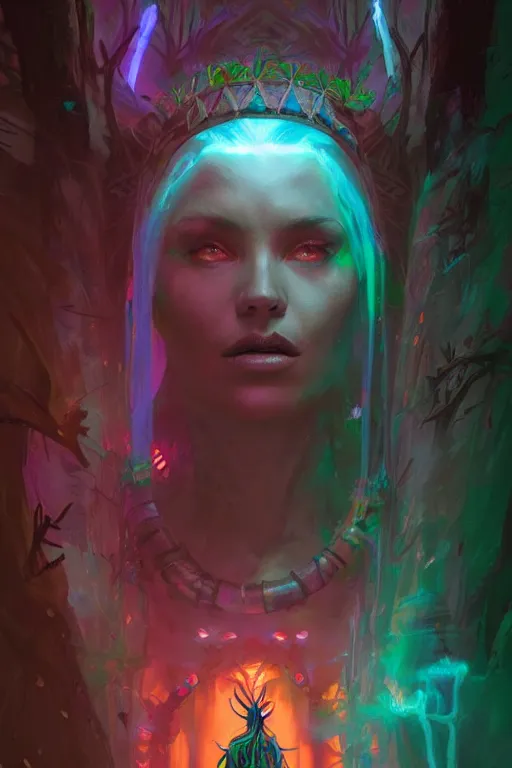 Image similar to Portrait of Shaman Queen in neon forest, digital art from artstation by Andreas Rocha and Greg Rutkowski and Peter Mohrbacher
