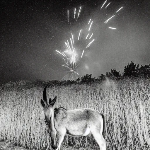 Image similar to “fireworks in the night sky raining down embers and sparks and brightly burning pieces falling from the sky, a pale donkey stands in a field in the darkness. Photography. Flash photo. Cursed image.”