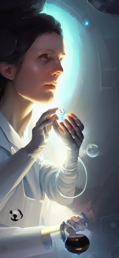 Image similar to a portrait art of a female scientist in a laboratory holding a black hole in her hands, style by jordan grimmer and greg rutkowski, concept art, stylised, elegant, illustration, high quality, highly detailed, long hair, digital art, pinterest