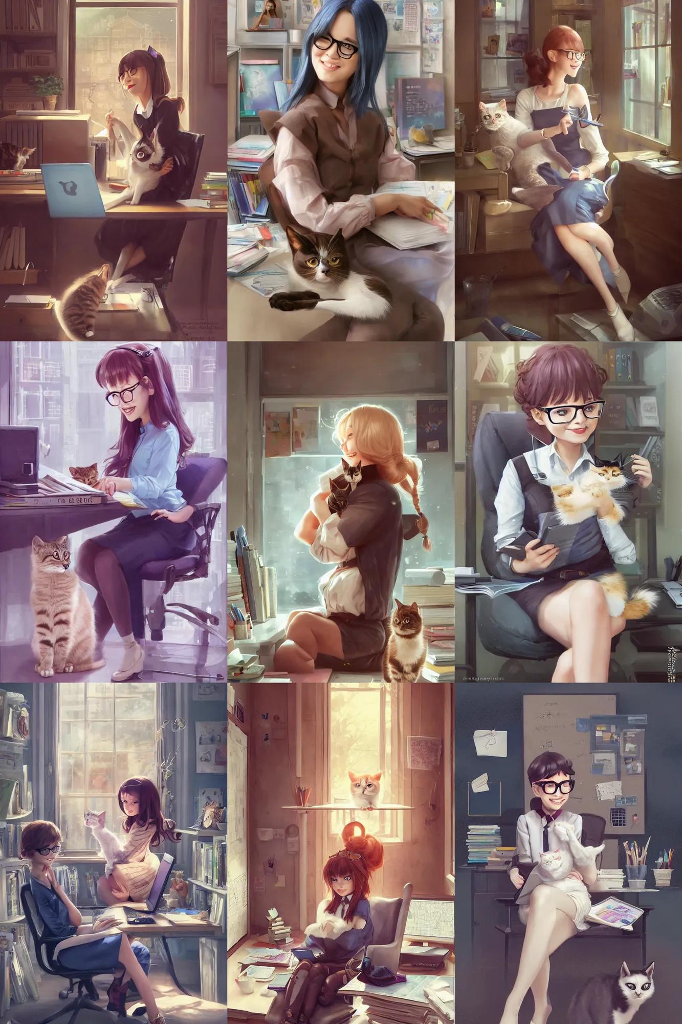 Prompt: a beautiful nerdy girl sitting in her office petting a cat in her lap | | cute - fine - subtle smile, unique hairstyle, face, pretty face, fine details by stanley artgerm lau, wlop, rossdraws, james jean, andrei riabovitchev, marc simonetti, and sakimichan, trending on artstation