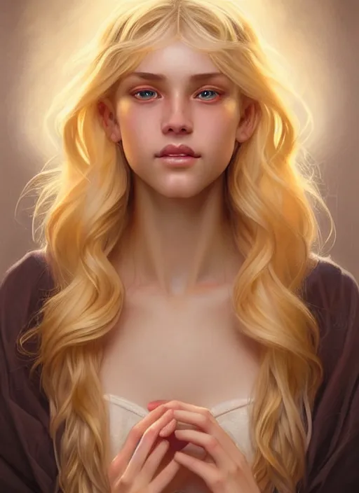Image similar to beautiful feminine face!! portrait of young woman blessed by god with ever - increasing physical mental perfection, blonde, symmetrical! intricate, sensual features, highly detailed, divine holy perfection!! smile, digital painting, artstation, concept art, smooth, sharp focus, illustration, art by artgerm and greg rutkowski and alphonse mucha