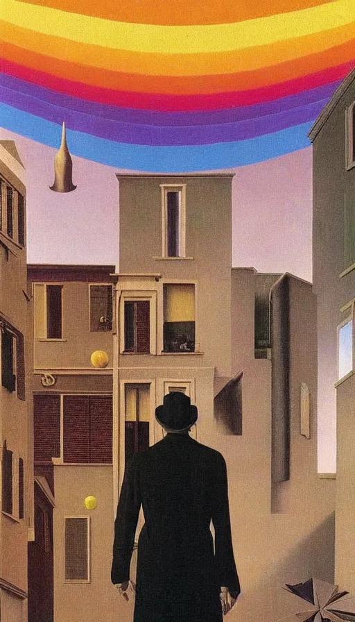 Image similar to mysterious paranoia, maddening knowledge, forbidden information, strange weirdness, rainbow 3 d colors, venetian victorian atmosphere by rene magritte and salvadore dali