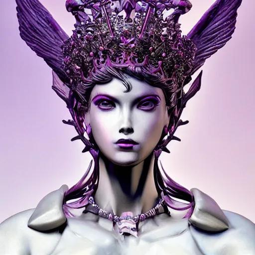 Image similar to female angel queen head wearing shiny pink crown, subtle purple accents, hyper details, black metal rococo, sculpted by Alex Alice, Craig Mullins, yoji shinkawa, trending on artstation, beautifully lit, Peter mohrbacher, hyper detailed, elite, elegant, luxury, ray of light through smoke, CGsociety, hypermaximalist, golden ratio, neofuture, volumetric, octane render, weta digital, micro details, 3d sculpture