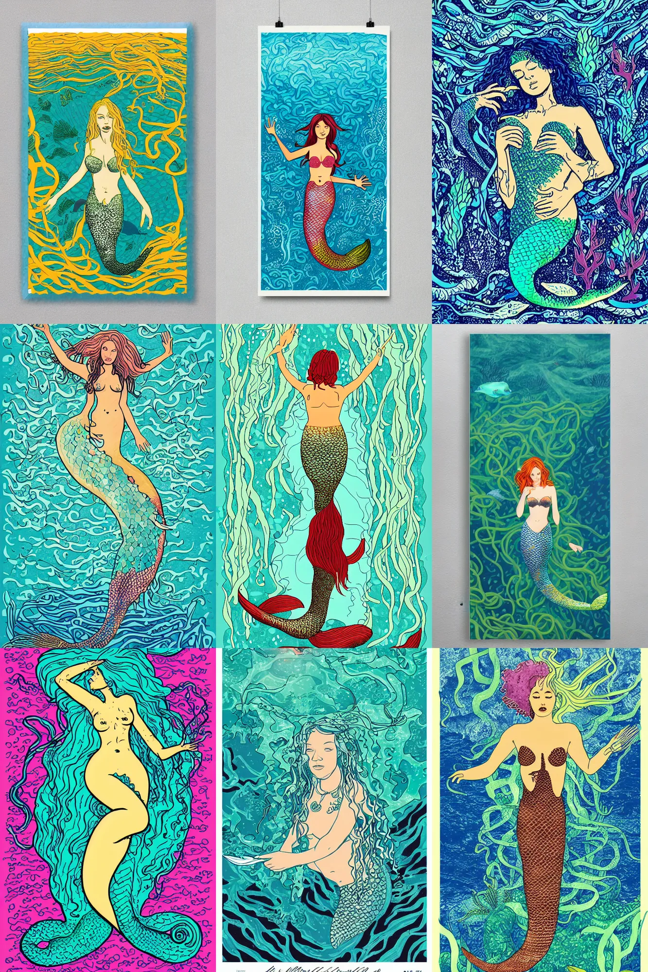 Prompt: illustration of a mermaid under the sea, surrounded by kelp, jimi hendrix style poster