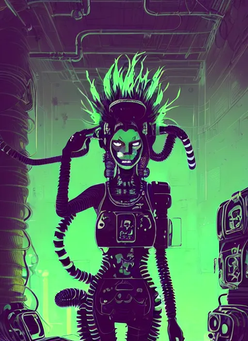 Image similar to highly detailed portrait of an moody wasteland punk long dripping green poison hair tribal lady, stray black rubber hoses by atey ghailan, james gilleard, by joe fenton, by greg rutkowski, by greg tocchini, by kaethe butcher, 4 k resolution, gradient purple, brown black and white color scheme!!! ( ( green flaming robotic sewer background ) )