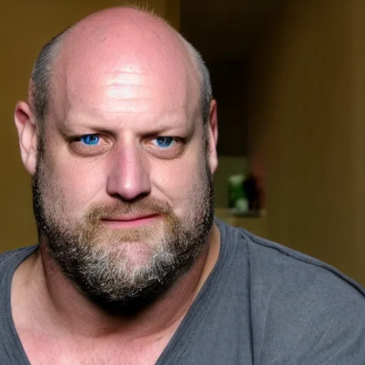 Image similar to a real photograph of Ethan Van Sciver with a pointed nose, bald head and grey beard