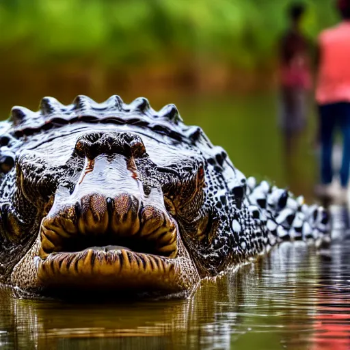 Image similar to man's face with clocks covering his eyes, looking at the camera walking near lake with crocodiles, high detail, soft lighting, intricate, 8 k