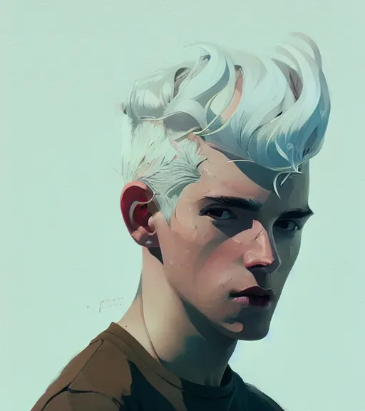 Image similar to portrait of a young man, raised on the island, white hair, face tatooes by atey ghailan, by greg rutkowski, by greg tocchini, by james gilleard, by joe fenton, by kaethe butcher, dynamic lighting, gradient light blue, brown, blonde cream and white color scheme, grunge aesthetic