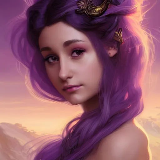 Image similar to Ariana Grande with long purple hair, D&D, fantasy, intricate, cinematic lighting, highly detailed, digital painting, artstation, concept art, smooth, sharp focus, illustration, art by Artgerm and Greg Rutkowski and Alphonse Mucha