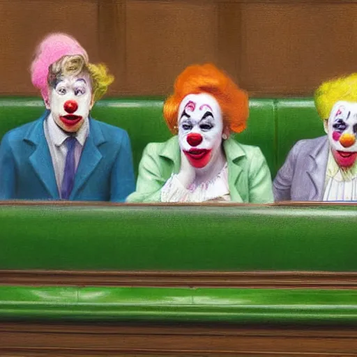 Image similar to a highly detailed beautiful portrait close up hyper realistic photograph of british members of parliament in the house of commons wearing pastel coloured clown costumes with pleasant oversized joyful faces, they are smoking. in the style of edward hopper, richard hamilton. concept art. green leather benches. photographic. concept. crisp digital art. no artefacts. desaturated. high fidelity facial portrait. 8 k