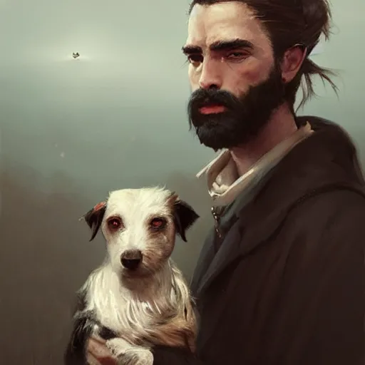 Image similar to a beautiful painting dramatic portrait of a young man with long hair tied in a bun and black beard holding a jack russell by greg rutkowski, featured on artstation