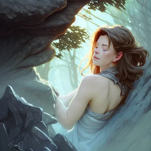 Prompt: wide angle, knight, sleeping on rock, white grey blue color palette, eyes closed, forest, female, d & d, fantasy, intricate, elegant, highly detailed, long brown hair, digital painting, artstation, octane render, concept art, matte, sharp focus, illustration, hearthstone, art by artgerm, alphonse mucha johannes voss