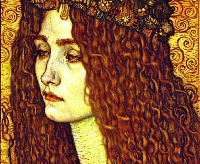 Image similar to detailed realistic beautiful young medieval queen face portrait by jean delville, gustav klimt and vincent van gogh, art nouveau, symbolist, visionary, gothic, pre - raphaelite, muted earthy colors, desaturated