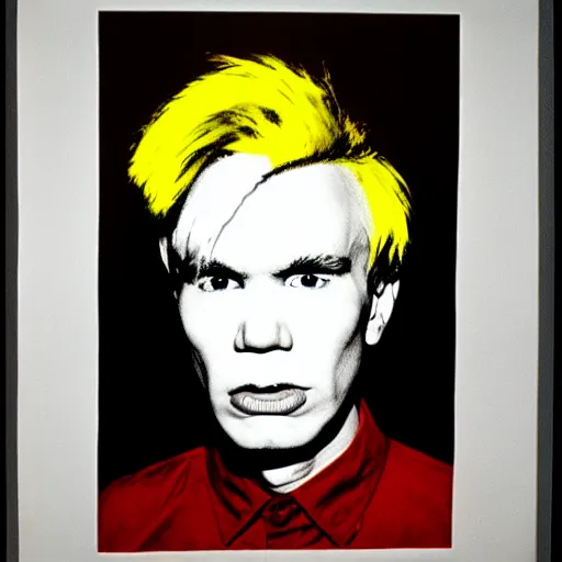 Image similar to colour portrait of angry andy warhol, 20 years old, who looks straight into the camera, with shoulders visible in the frame. in the style of andy warhol