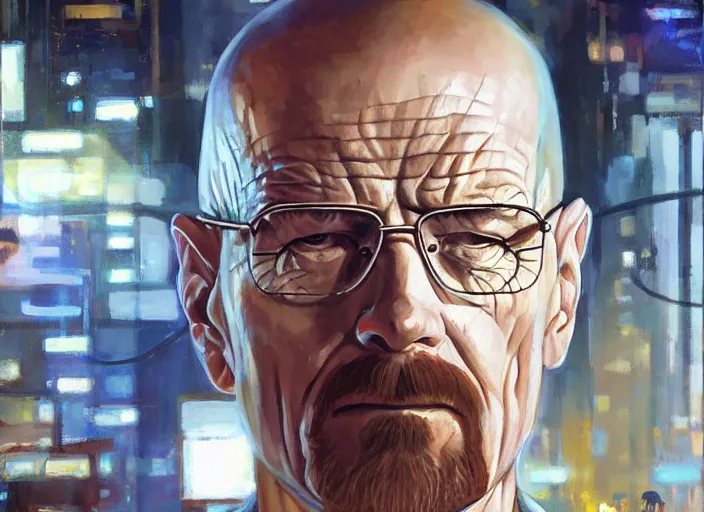 Image similar to a highly detailed beautiful portrait of walter white cyberpunk, by gregory manchess, james gurney, james jean