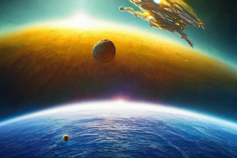 Prompt: a [ [ window to space ]!! opens up above earth ]!!, revealing a beautiful alien world, full of colorful vegetation, deep blue oceans, and a yellow sun shining down, sci - fi art, digital art, 3 d modeling, light painting, night scene, cosmic, illustrated by greg rutkowski, max hay, anton fadeev