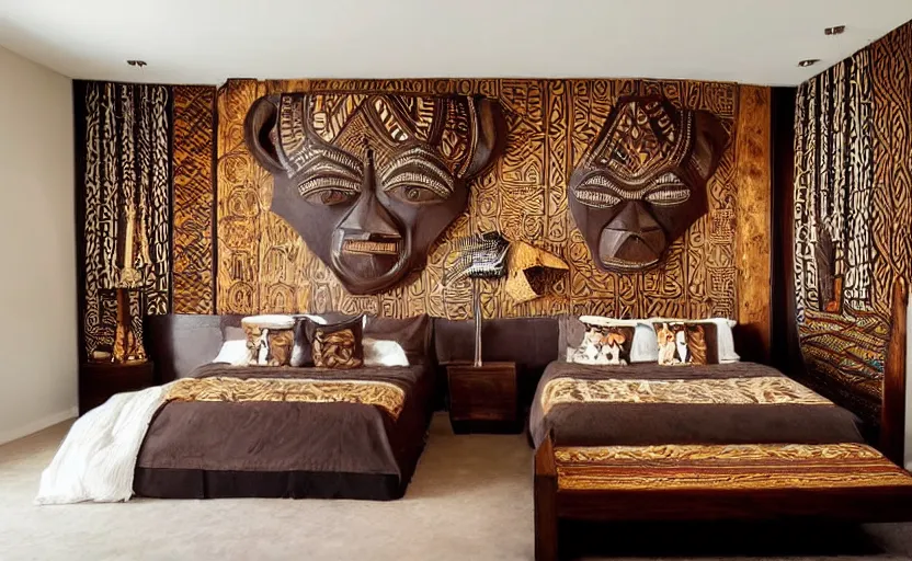 Prompt: an african themed luxurious bedroom, dark brown walls, wooden tribal masks on the wall, king size bed, beige, dark colors, artificial waterfall on the wall, chique, luxurious, elegant, walnut wood, cinnamon, tribal art, patterns, modernist, oriental