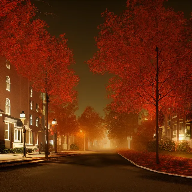 Prompt: night time photo of portsmouth new hampshire on halloween, tall maple trees along street, old street lamps, volumetric, realistic, cinematic lighting, ray tracing, unreal engine 5, octane render, hyper realistic, 8 k