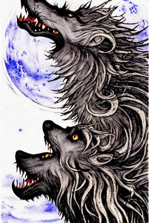 Image similar to one detailed werewolf howling at the moon, art by luis royo and walter crane and kay nielsen, watercolor illustration, ultra sharp focus, wot