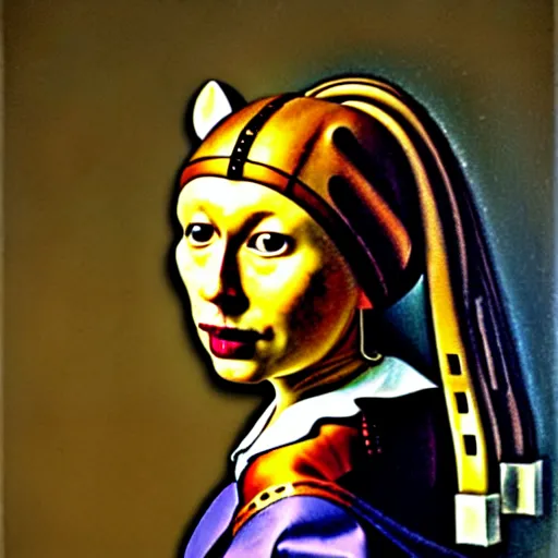 Image similar to A portrait of a steampunk anthropomorphic cheetah by Vermeer.