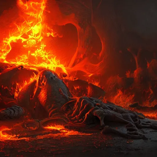 Prompt: A firey, hellish world with black ivory skeletons, dynamic lighting, cinematic, ultra detailed, creative, stunning visuals, hyperrealism, trending on art station
