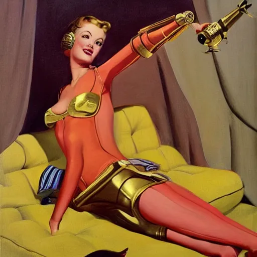 Prompt: a saucy reclining half human c3po by Gil Elvgren