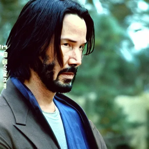 Image similar to cinematic film still of Keanu Reeves starring in a Steven Spielberg film as A Japanese Samurai at a temple, 1999, shallow depth of field, photograph, natural lighting