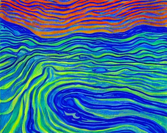 Image similar to Ocean waves in a psychedelic dream world. DMT. Curving rivers. Landscape painting by Edvard Munch. David Hockney.