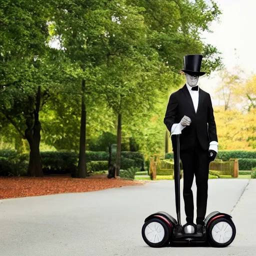 Image similar to an anthropomorphic silver fox in a dapper suit and a top hat riding a Segway in a park, photo, 4K