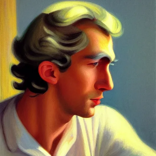 Prompt: A beautiful close-up of a white-haired young man with shoulder-length curly hair, dressed like in the 1940s, digital art by Edward Hopper, vibrant color scheme, highly detailed, in the style of romanticism, fine Art, high detail, great lighting, 8k resolution, masterpiece, concept art, illustration, clear eyes, soft lighting, soft details, painting oil on canvas, octane render, HDR, trending on artstation, 4k, 8k, HD