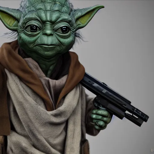 Prompt: Yoda as the main character in Call of Duty black ops, holding a gun, highly detailed, high quality, HD, 4k, 8k, Canon 300mm, professional photographer, 40mp, lifelike, top-rated, award winning, realistic, sharp, no blur, edited, corrected, trending