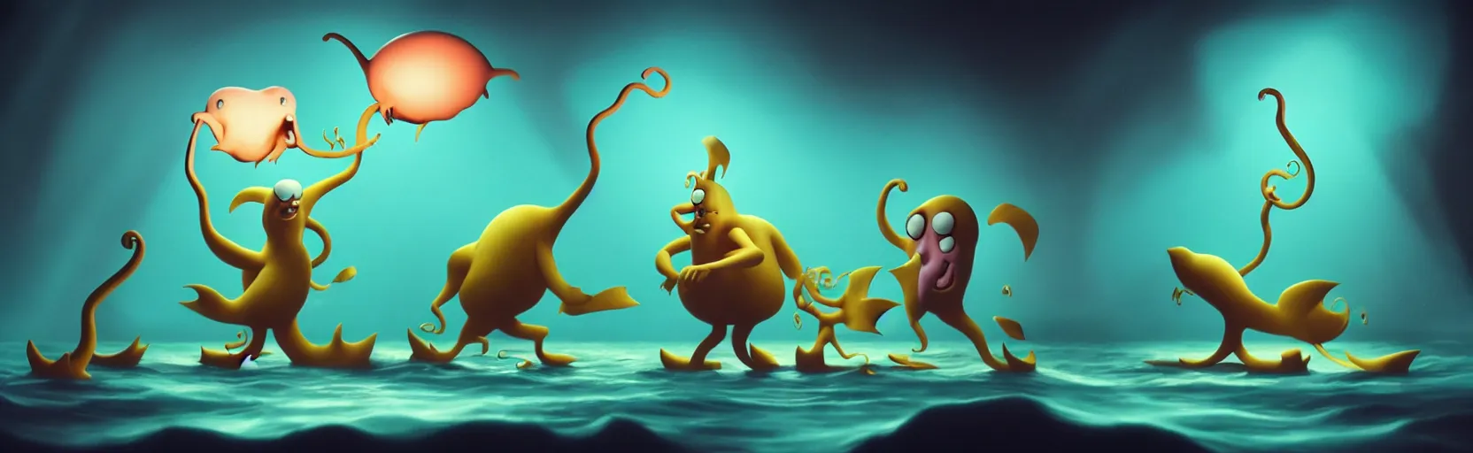 Image similar to whimsical unanny creatures from the depths of imaginal sea, dramatic lighting, surreal fleischer cartoon characters