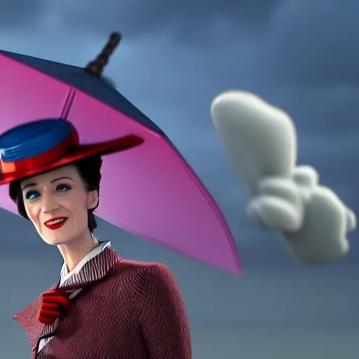 Image similar to mary poppins holding an umbrella, being blown to the sky by the strong wind. 3 d octane render