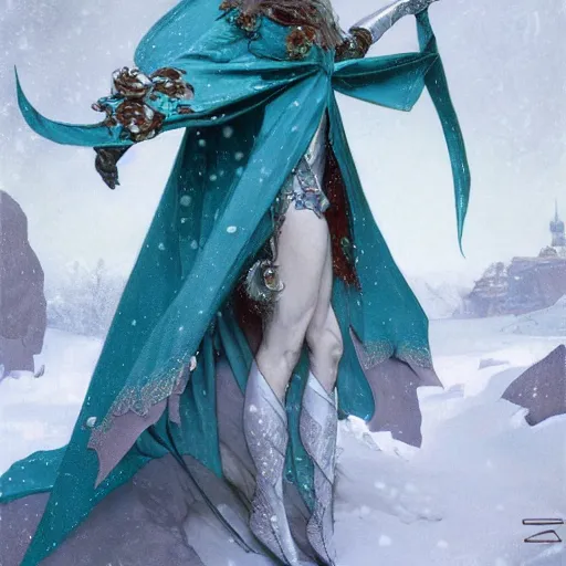 Image similar to a mid - shot portrait of a snow elf in a turquoise cape and silver armor with a bow, pale skin, winter vibes, intricate, elegant, art by artgerm and greg rutkowski and alphonse mucha, concept art, sharp focus, octane render, cgsociety