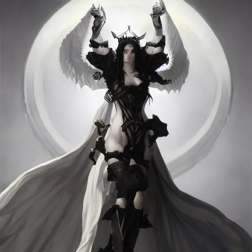 Image similar to Albedo the pure white devil from Overlord, oil on canvas, noir effect, artstation, by J. C. Leyendecker and Edmund Blair Leighton and Charlie Bowater,--width 1600