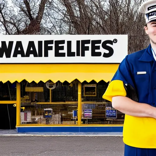 Image similar to wafflehouse employee's standing below wafflehouse sign, employees uniform is blue and black with yellow name tags