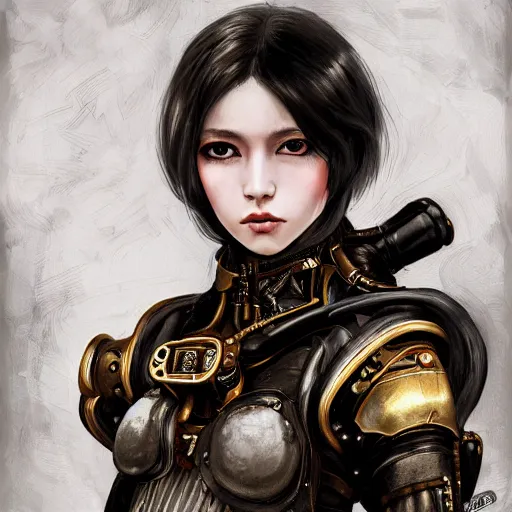 Image similar to portrait of a girl by ayami kojima, mixture between russian and japanese, she is about 2 0 years old, black bob hair, very tall and slender, she is wearing a steampunk tactical gear, highly detailed portrait, digital painting, artstation, concept art, smooth, sharp foccus ilustration, artstation hq