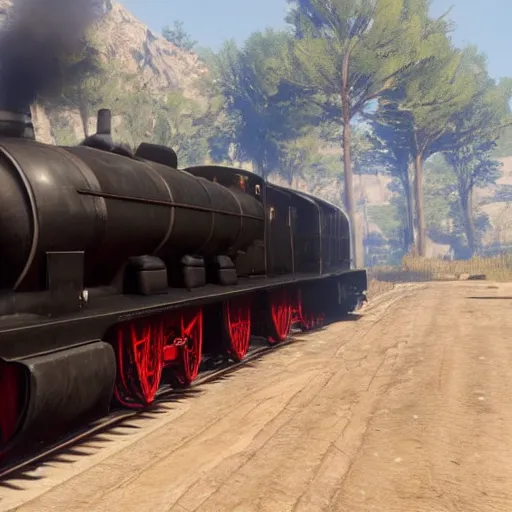 Image similar to futuristic sleek steam locomotive in red dead redemption 2