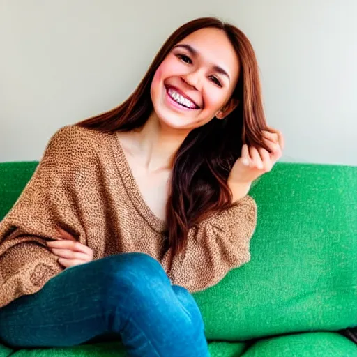 Image similar to a cute young woman smiling, long shiny bronze brown hair, full round face, green eyes, medium skin tone, light cute freckles, smiling softly, wearing casual clothing, relaxing on a modern couch, interior lighting, cozy living room background, medium shot, mid-shot, soft focus