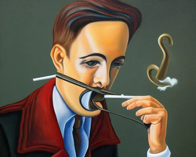 Prompt: a surreal painting of a young man with a horseshoe mustache smoking a joint