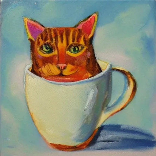 Image similar to cat drink from the cup, impasto painting