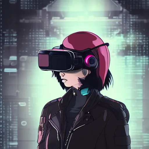 Prompt: a portrait of a female space pirate wearing vr headset and cyber military helmet, cyberpunk aesthetic, ghost in the shell style, akira, Studio Ghibli, manga art