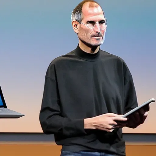 Prompt: Steve Jobs unviels the new surface laptop at a microsoft event