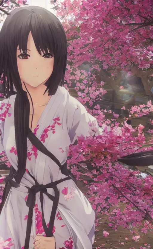 Image similar to anime style, gta 5, full body art of girl, yukata clothing, sakura tree in background, short hair, hair down, symmetrical facial features, from arknights, hyper realistic, extreme detail, volumetric lights, 4 k drawing, safebooru, realistic lighting, by alphonse mucha, greg rutkowski, sharp focus, backlit