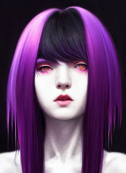 Image similar to hair blackbangs hair, white hair, blackbangs, portrait of teenage girl with white hair, red irises, purple clothes, black bangs, bangs are different color from hair, intricate, elegant, glowing lights, highly detailed, digital painting, artstation, concept art, smooth, sharp focus, illustration, art by wlop, mars ravelo and greg rutkowski